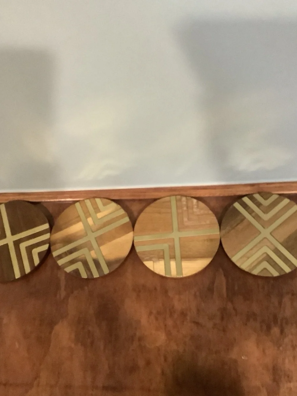 Set of 4 Decorative Wooden Coasters with Geometric Inlay - Green Accents